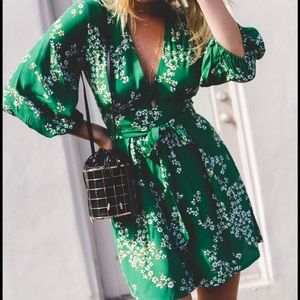 Faithfull the Brand Green Floral Mini Dress with sleeves